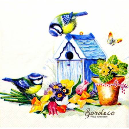 Serwetka decoupage firmy AMBIENTE sikorki i budka 25x25cm